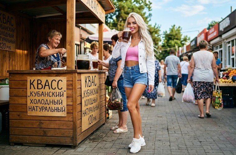Кубанская девушка пьет кубанский квас